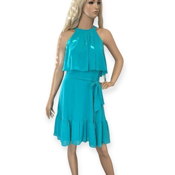 ELIZA J Halter Neck Tiered Popover Dress In Turquoise Blue Size 10 NEW - Picture 11 of 11
